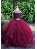 Burgundy Tulle Flower Girl Dress With Beaded Belt